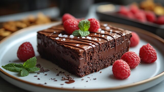 Chocolate Brownie with Raspberries on White Plate