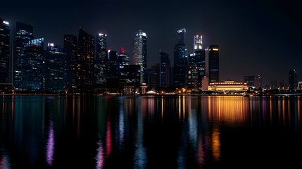 Obraz premium A modern city skyline displays shimmering digital lights and reflective surfaces in a dim atmospheric setting
