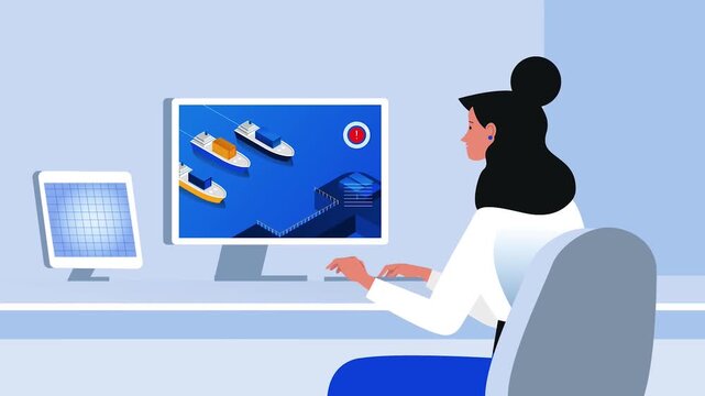 Logistics Operator Monitoring Cargo Ship Operations 2D Character Animation Loop