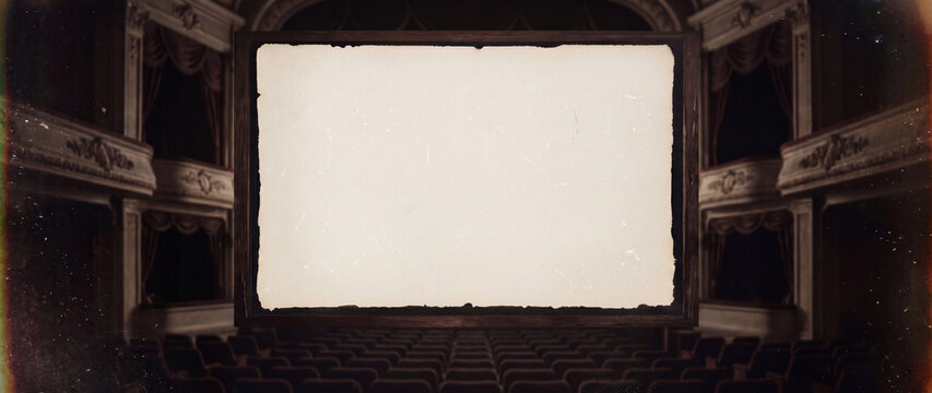 Vintage Movie Theater Interior With Blank Aged Screen and Empty Velvet Auditorium Seats