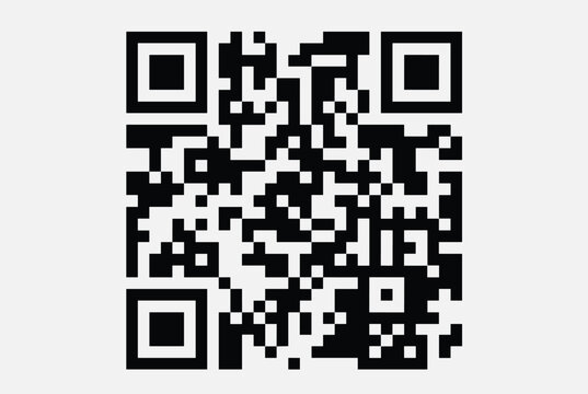 Black and white digital QR code icon on a grey background designed for quick smartphone scanning and fast information access.