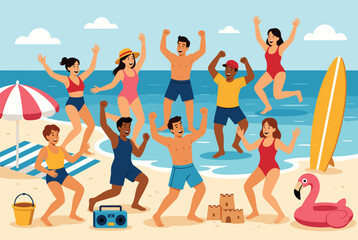 Fototapeta premium Group of happy diverse friends celebrating, jumping, and dancing on a sunny beach during a tropical summer holiday.