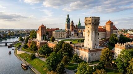 Fototapeta premium Majestic Castle Landscape: Summer View of Historic Wawel Royal Castle and River