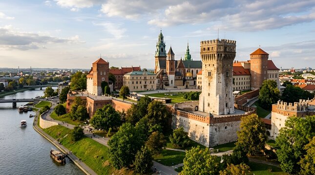 Majestic Castle Landscape: Summer View of Historic Wawel Royal Castle and River
