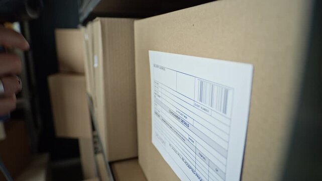Cropped shot of worker scanning barcode on cardboard box in warehouse using handheld scanner. Footage ideal for logistics, e-commerce fulfillment, and supply chain management videos