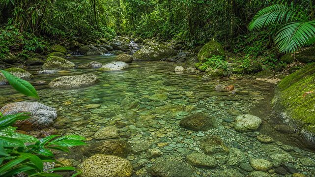 Shallow Clear River Pool with Stones Footage for Eco Travel Vlogging Background Material Dense Green Jungle Forest Background