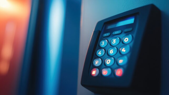 Digital keypad featuring glowing blue buttons offers a futuristic aesthetic for high-tech security solutions that integrate seamlessly into sophisticated and modern interior design projects.
