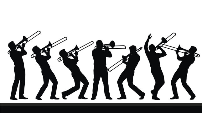 Black vector illustration showing a talented group of trombone players performing music with artistic energy