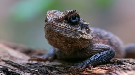 Fototapeta premium A joyful and fluffy lizard rests on a natural log highlighting its soft textures and bright expressive eyes