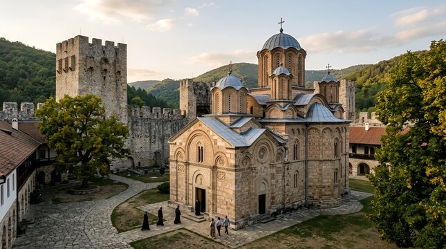 Medieval Monastery Complex with Tower and Dome, Sunny Day