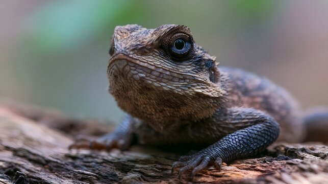 A joyful and fluffy lizard rests on a natural log highlighting its soft textures and bright expressive eyes