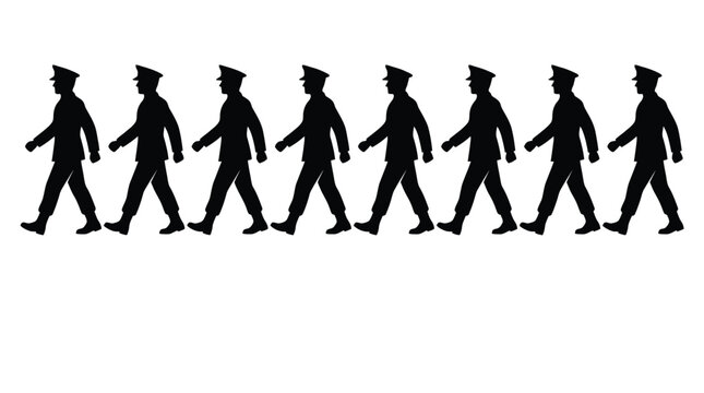 Black silhouette vector illustration of a row of marching soldiers in uniform wearing peaked caps
