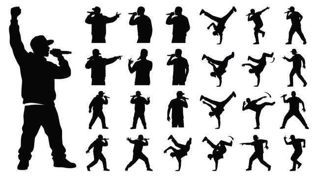 A detailed collection of black vector silhouettes featuring various rappers and energetic breakdancing street performers