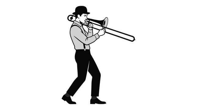 Stylish man wearing a vintage bowler hat playing the brass trombone in this clean vector illustration