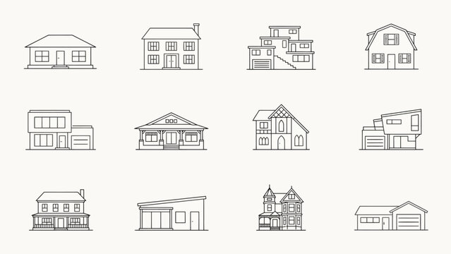 Collection of twelve different modern house architectural sketches in line drawing style . Vector Flat Illustration.