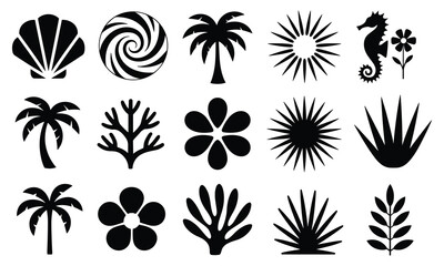 High contrast black tropical silhouette collection featuring palm trees, suns and shells for a relaxing beach aesthetic. © YasirAkanda