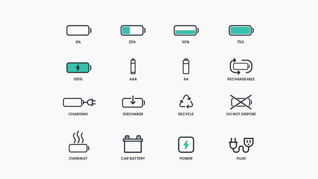 Battery status and function icons set with different charge levels and symbols . Vector Flat Illustration.