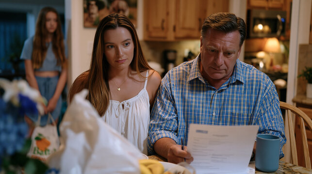 Parents reviewing debt consolidation paperwork at kitchen table, teenage daughter frozen in doorway overhearing conversation, grocery bag dropped at her feet, depicting family financial hardship, ec