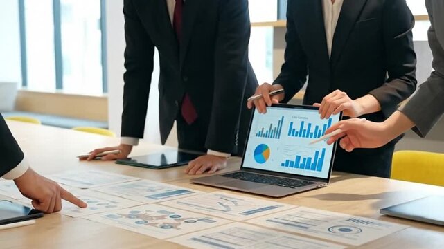 Professional business team analyzing financial charts and data reports on a laptop during a collaborative office meeting.