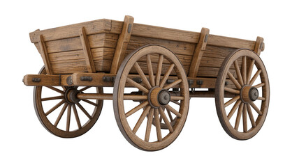 Obraz premium An antique wooden wagon with large spoked wheels and a sturdy plank bed, presented on a white background, for clear visibility, and easy editing