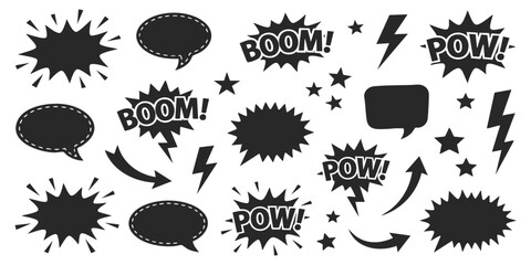 Set of black comic book speech bubbles and explosion clouds with boom and pow text and lightning bolt symbols © GraphixEra
