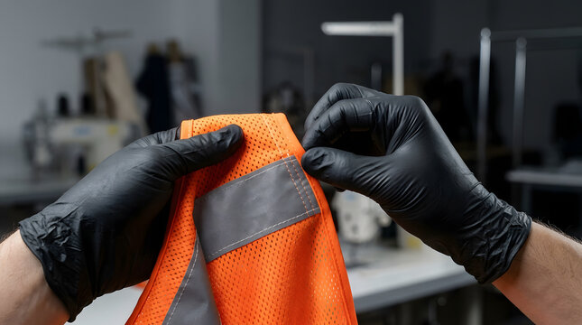 Safety officer checking reflective strip on orange safety vest for PPE compliance audit