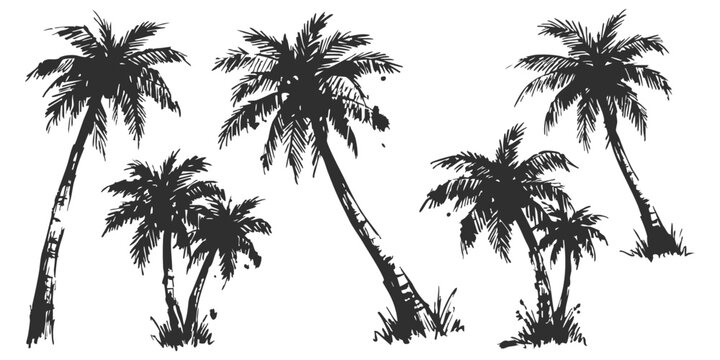 Set of black hand drawn sketch palm trees isolated on a simple design for tropical summer beach art concepts