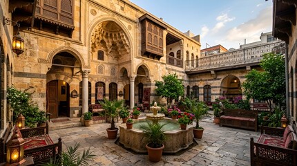 Fototapeta premium Ornate courtyard with fountain, plants, and traditional architecture