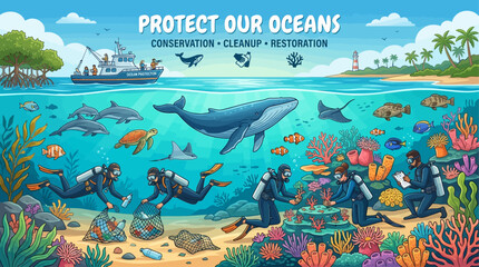 Underwater Environmental Conservation Scene Featuring Diverse Marine Life and Scuba Divers Cleaning Coral Reef Ecosystems © john