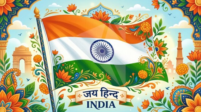 Indian flag waving with floral background