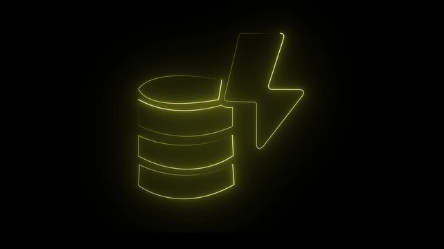 Glowing yellow color neon database server icon with lightning bolt concept design on black background 