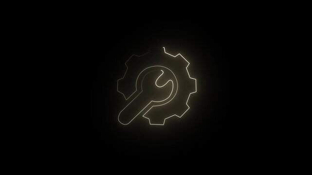 Glowing teal neon gear and lightning bolt icon on black background, 4k animation video 