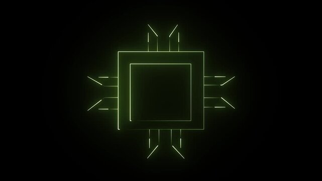 Neon yellow microchip icon animation. Glowing computer processor chip icon animation video on black background.