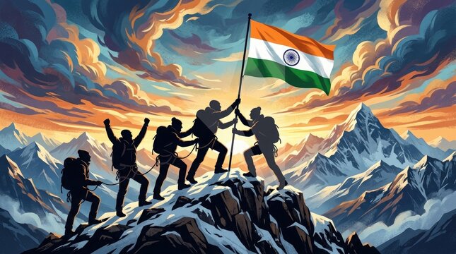 Mountaineers raising Indian flag on summit