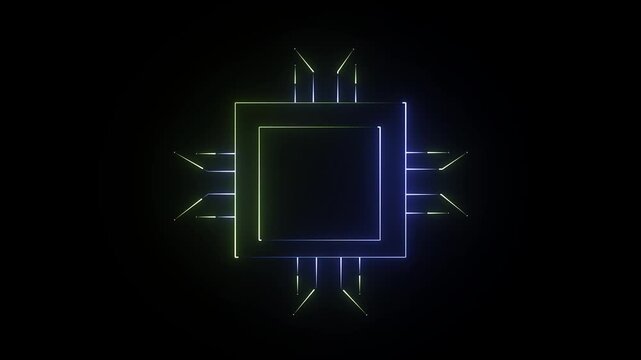 Neon yellow and navy blue microchip icon animation. Glowing computer processor chip icon animation video on black background.