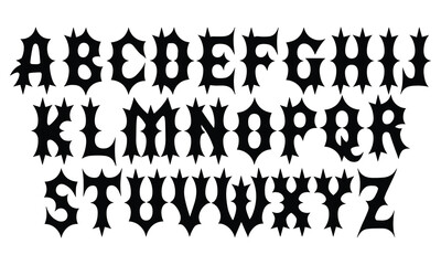 Complete aggressive gothic blackletter alphabet with sharp spikes for dark metal typography on a stark white backdrop. © YasirAkanda