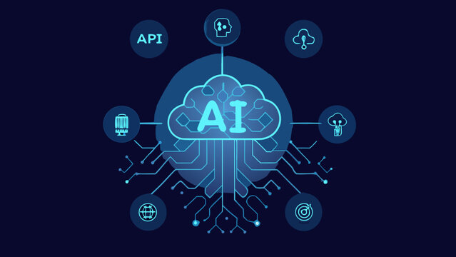 Artificial intelligence illustration with connected icons and circuit board design on a dark background