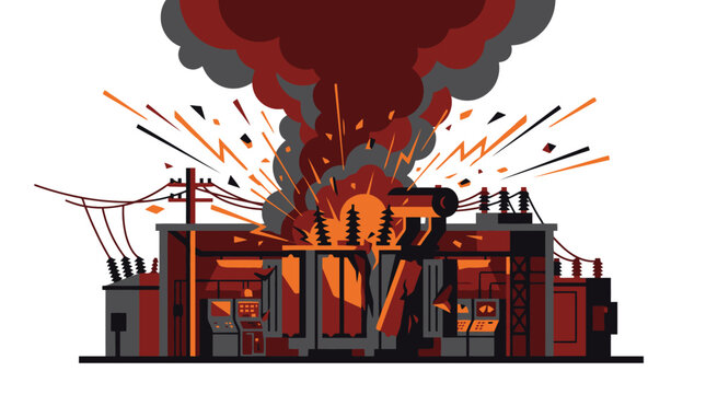 Electrical Power Substation Explosion with Fire and Smoke Illustration. EPS Editable. Vector Illustrations.
