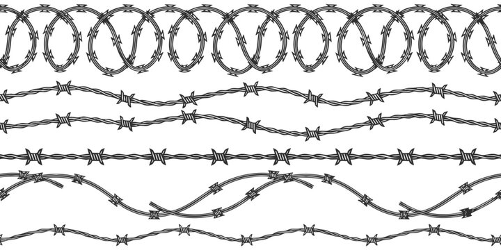 Set of seamless barbed wire designs and metal fences for security and border protection in black and white