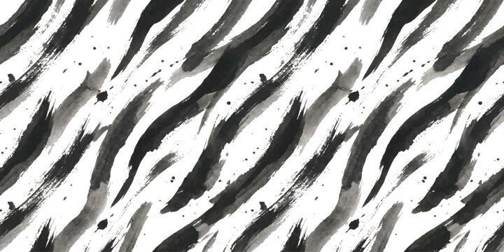 Seamless pattern with hand painted black ink brush strokes creating a modern abstract zebra stripe texture design