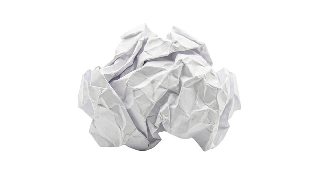 Crumpled white paper ball with textured creases, wrinkled paper document representing failure or waste, messy ball of crushed office stationery isolated PNG with Transparent Background