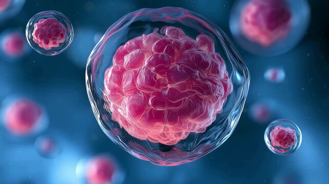 Microscopic stem cell with visible nucleus in blue biomedical science background