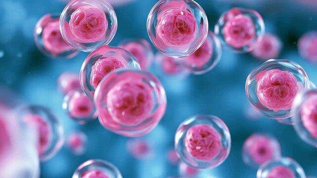 Microscopic stem cells with visible nuclei floating in blue biomedical background