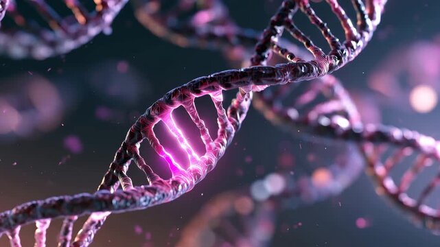 Glowing DNA double helix with genetic mutation in futuristic biotechnology background