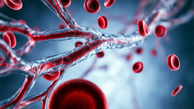 Red blood cells flowing through branching capillary vessels in medical illustration