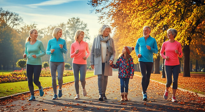 Multi-generational family walking together in beautiful autumn public park