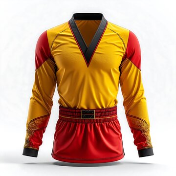 Traditional red and yellow hanfu dress with black belt.