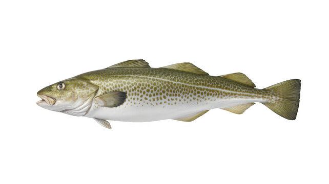 Atlantic cod fish isolated on a black background, side view of a whole raw fish with silver and brown scales, detailed fins and tail structure