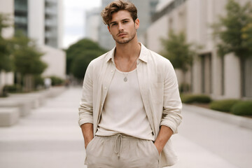 Fototapeta premium Stylish young man in beige casual outfit standing on city street