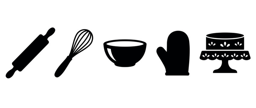 Baking tools icons set. Home cooking and dessert preparation concept. Includes rolling pin, whisk, mixing bowl, oven mitt, cake stand. Solid black silhouette style